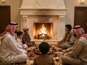 مجلس سعودي تقليدي مع مشب رخام ملكي يجتمع حوله أفراد العائلة