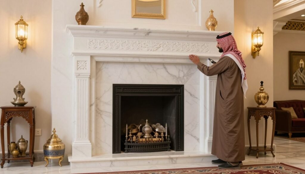 معلم مشبات بالرياض يقوم بتركيب مشب رخام فاخر في مجلس سعودي تقليدي